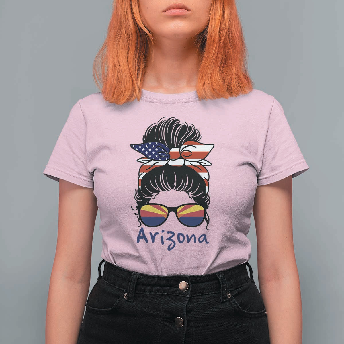 Patriotic Arizona Messy Bun Girl Graphic T Shirt For Women American Flag Sunglasses Southwest State Pride Souvenir