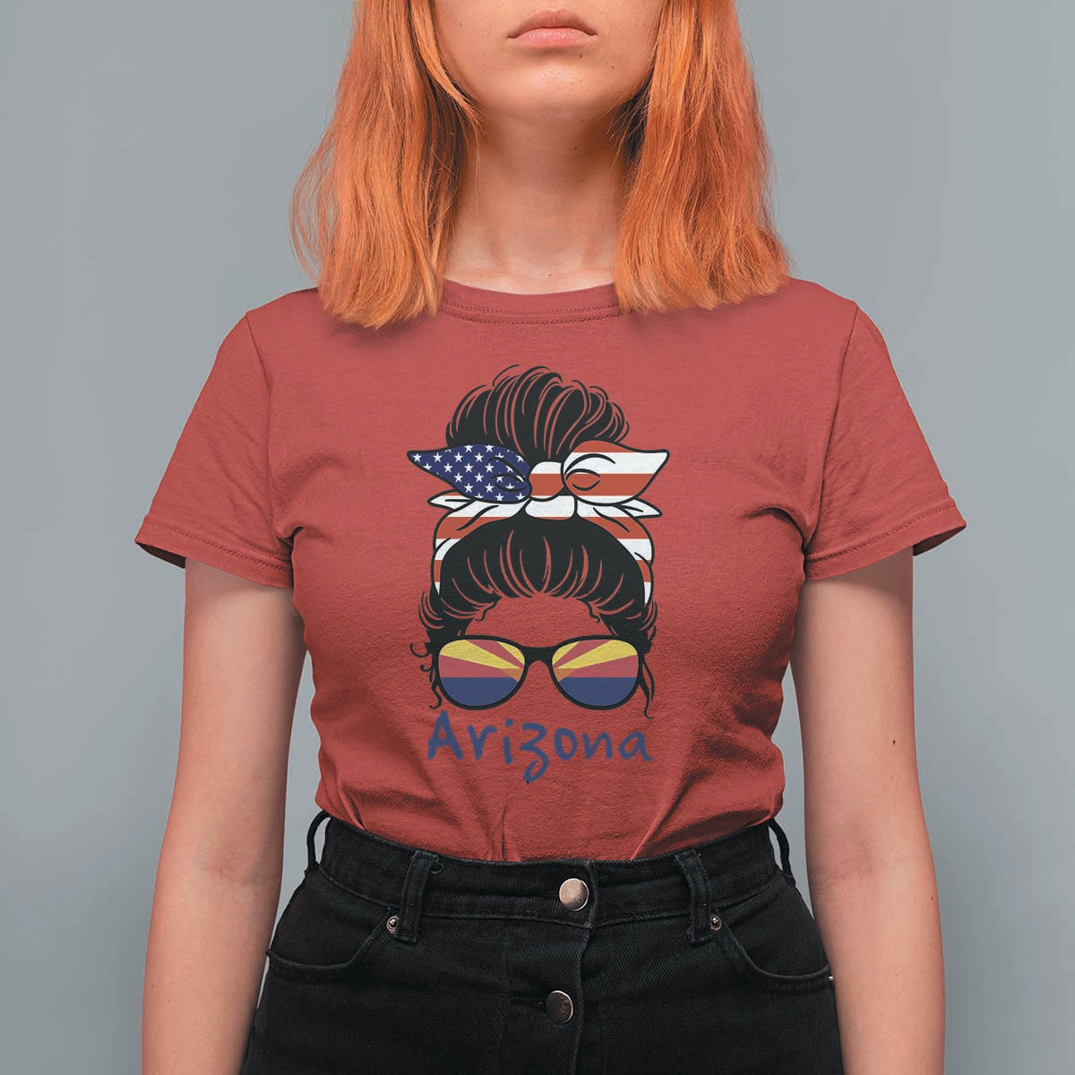 Patriotic Arizona Messy Bun Girl Graphic T Shirt For Women American Flag Sunglasses Southwest State Pride Souvenir