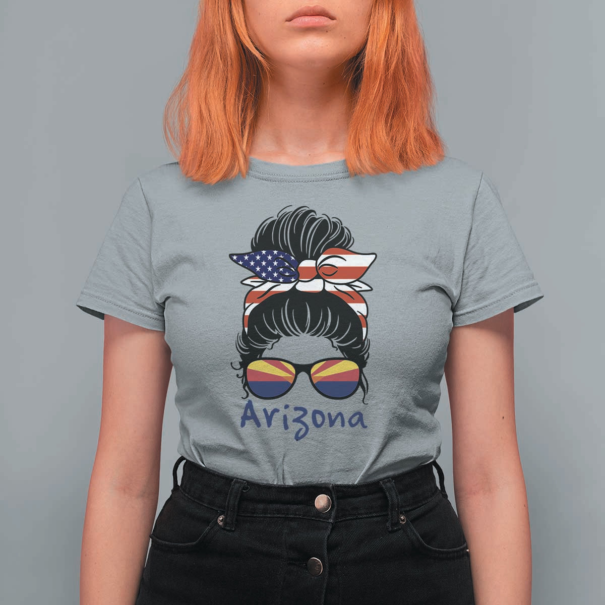 Patriotic Arizona Messy Bun Girl Graphic T Shirt For Women American Flag Sunglasses Southwest State Pride Souvenir