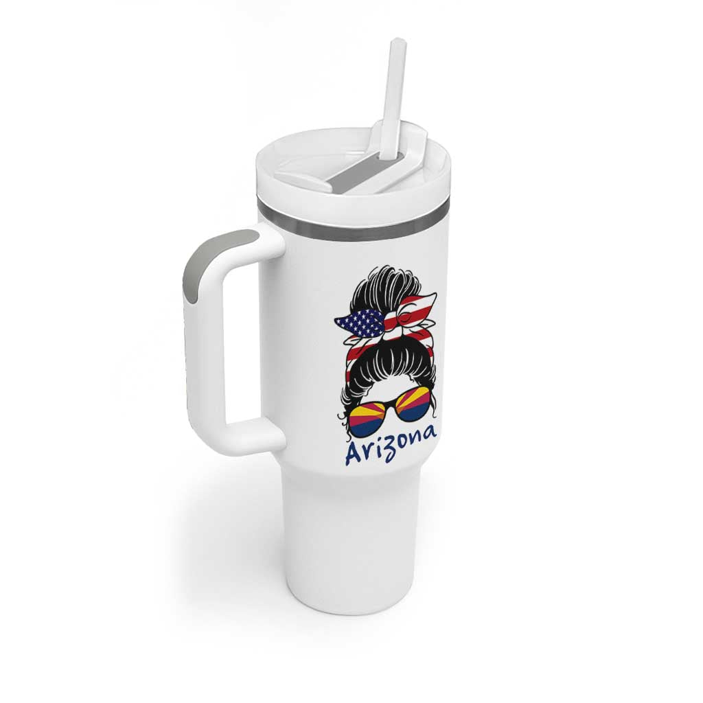 Patriotic Arizona Messy Bun Girl Graphic Tumbler With Handle American Flag Sunglasses Southwest State Pride Souvenir