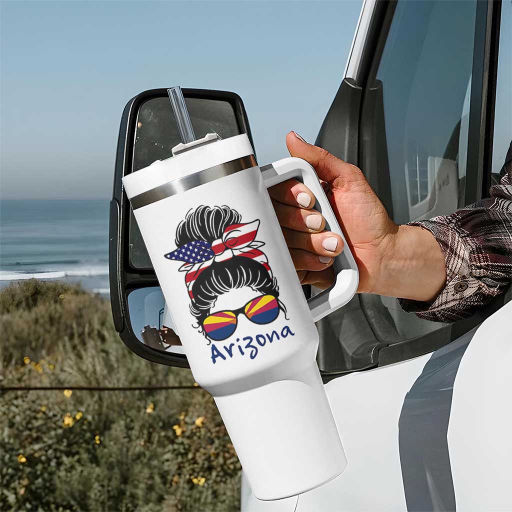 Patriotic Arizona Messy Bun Girl Graphic Tumbler With Handle American Flag Sunglasses Southwest State Pride Souvenir