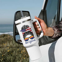 Patriotic Arizona Messy Bun Girl Graphic Tumbler With Handle American Flag Sunglasses Southwest State Pride Souvenir