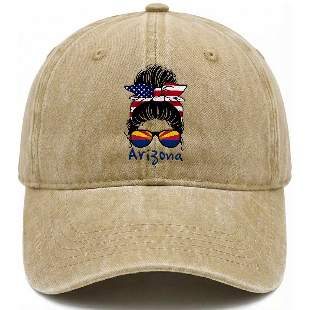 Patriotic Arizona Messy Bun Girl Graphic Washed Cotton Baseball Cap American Flag Sunglasses Southwest State Pride Souvenir
