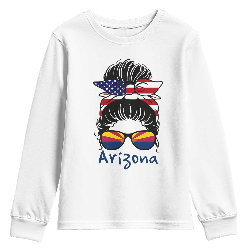 Patriotic Arizona Messy Bun Girl Graphic Youth Sweatshirt American Flag Sunglasses Southwest State Pride Souvenir