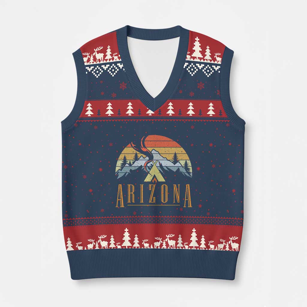 Vintage Arizona Camping Mountain Graphic V-Neck Knit Sweater Vest Retro Sunset Wilderness Outdoor Adventure Souvenir
