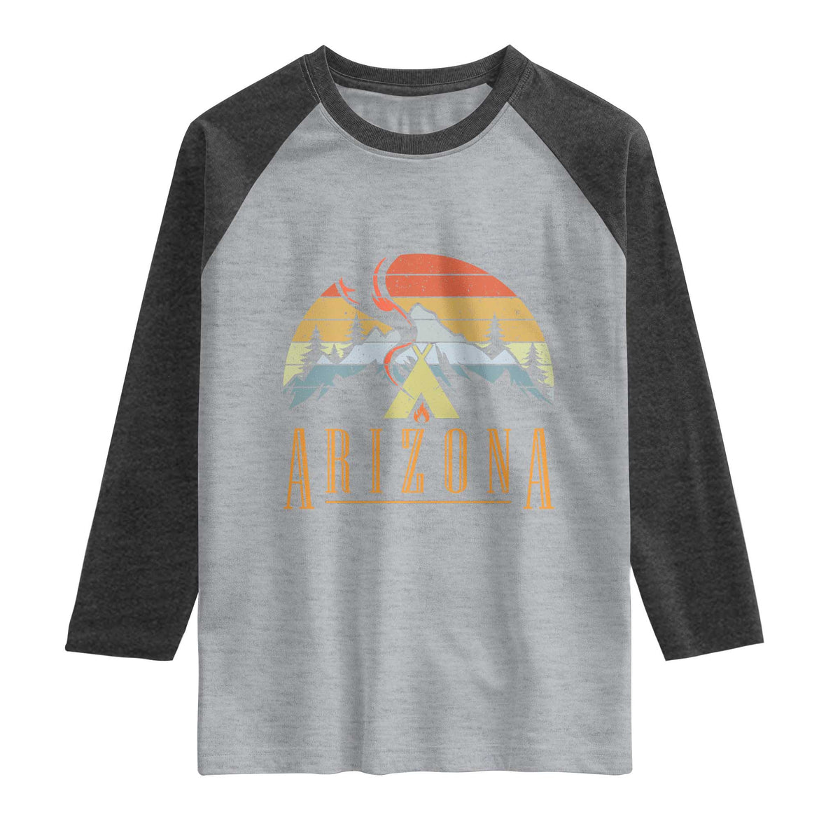 Vintage Arizona Camping Mountain Graphic Raglan Shirt Retro Sunset Wilderness Outdoor Adventure Souvenir