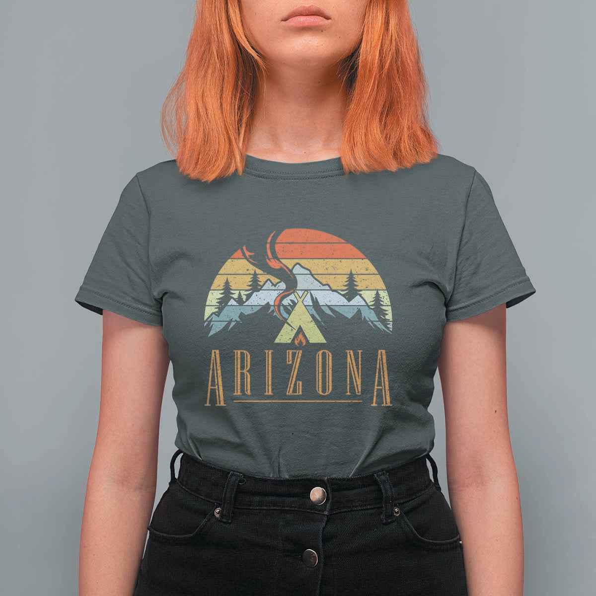 Vintage Arizona Camping Mountain Graphic T Shirt For Women Retro Sunset Wilderness Outdoor Adventure Souvenir
