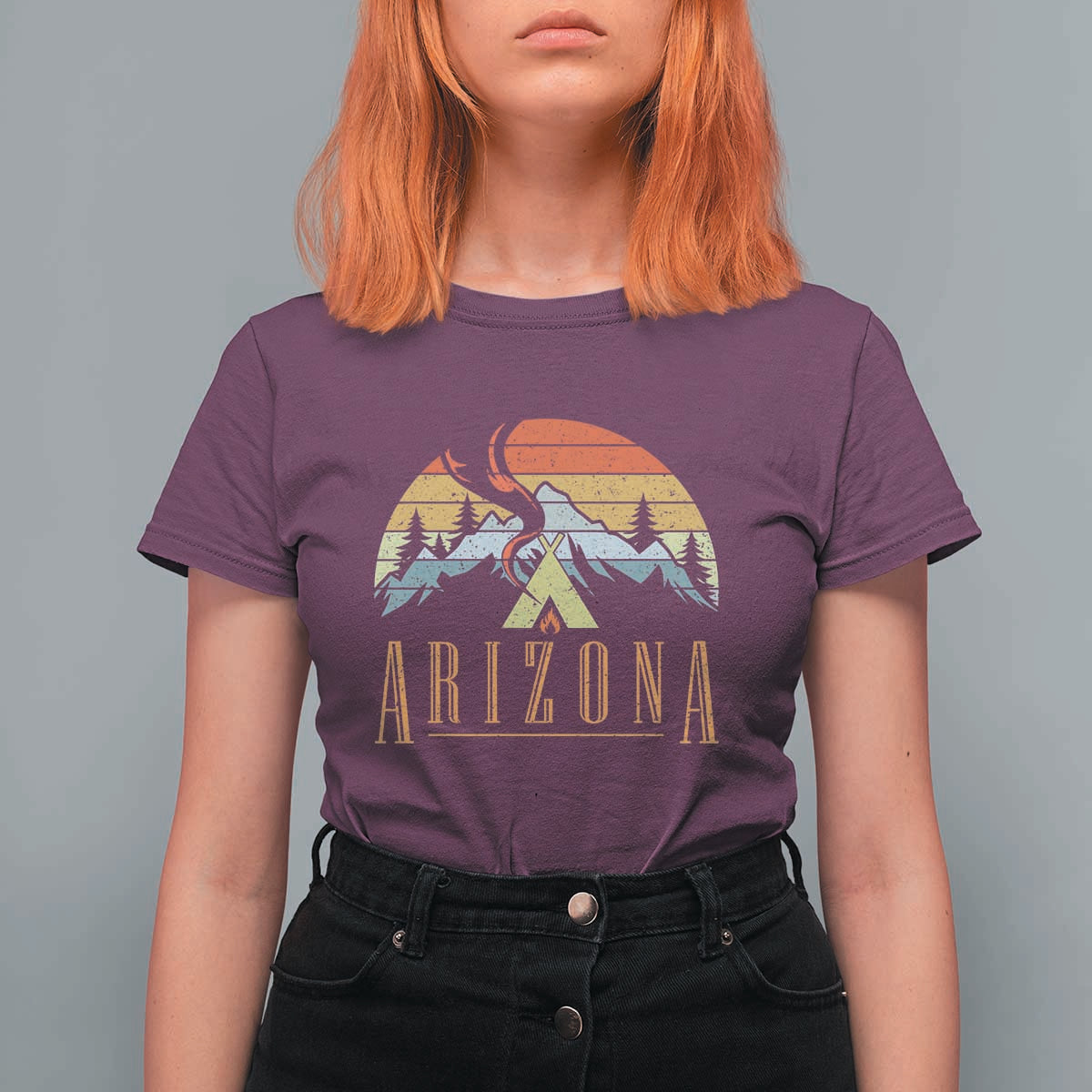 Vintage Arizona Camping Mountain Graphic T Shirt For Women Retro Sunset Wilderness Outdoor Adventure Souvenir