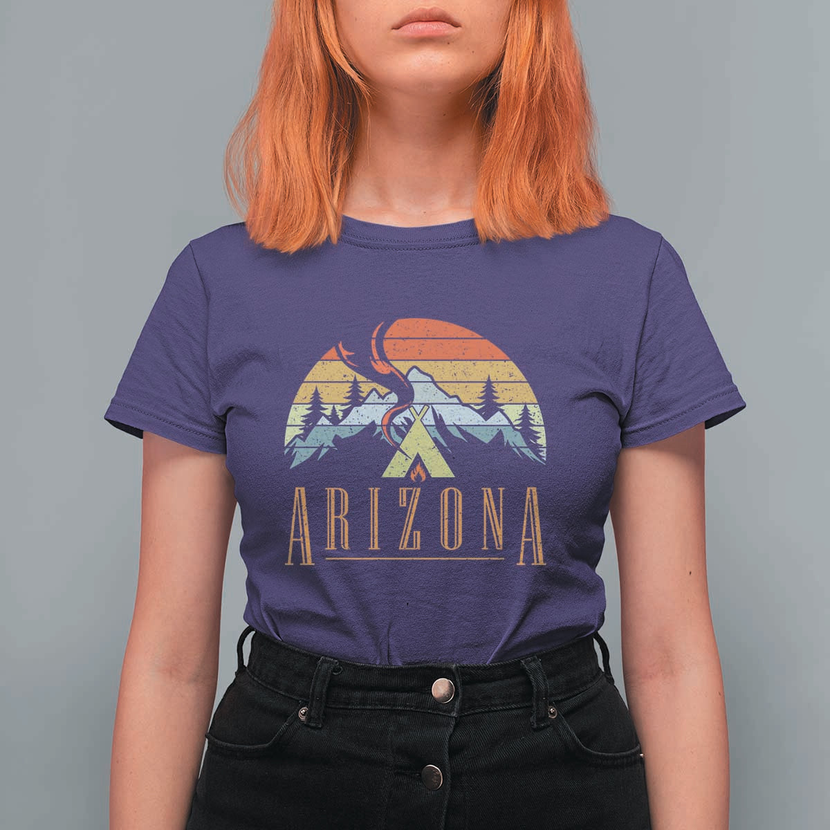 Vintage Arizona Camping Mountain Graphic T Shirt For Women Retro Sunset Wilderness Outdoor Adventure Souvenir