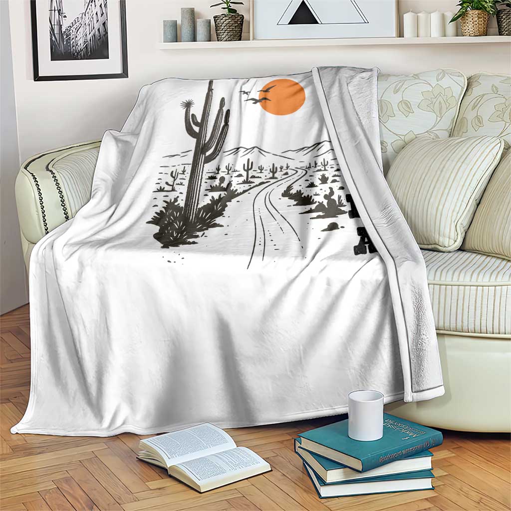 Retro Arizona Desert Road Sunset Graphic Throw Blanket Vintage Southwest Saguaro Cactus Travel Souvenir