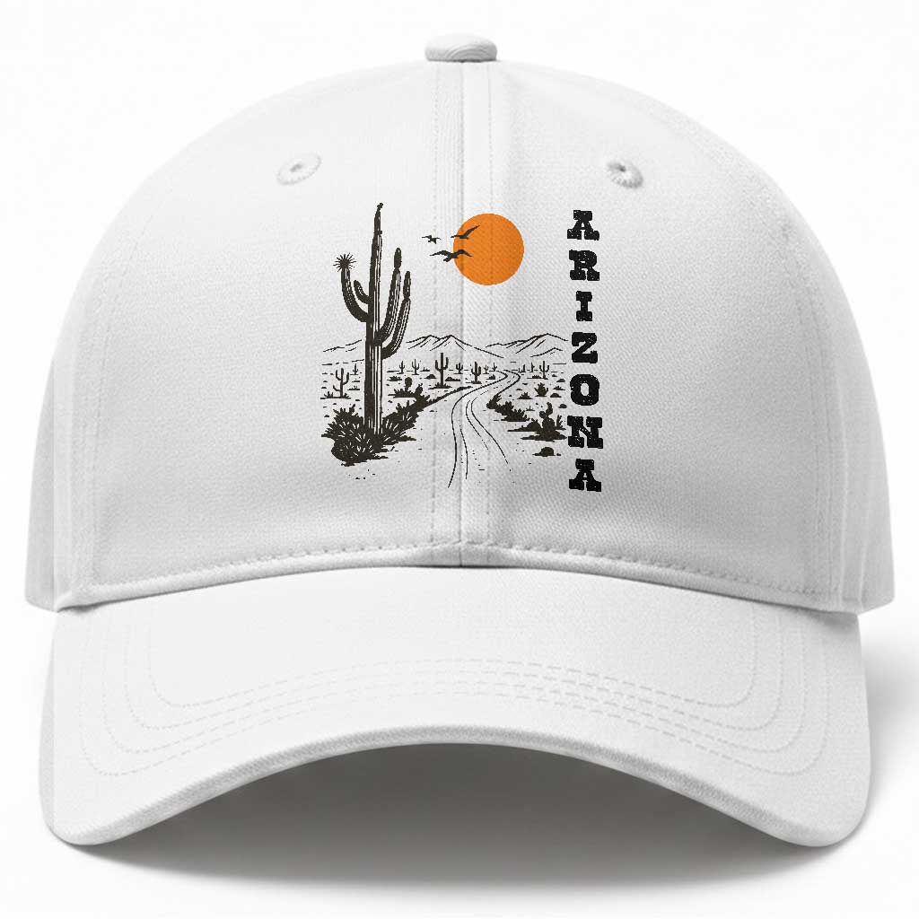Retro Arizona Desert Road Sunset Graphic Baseball Cap Vintage Southwest Saguaro Cactus Travel Souvenir