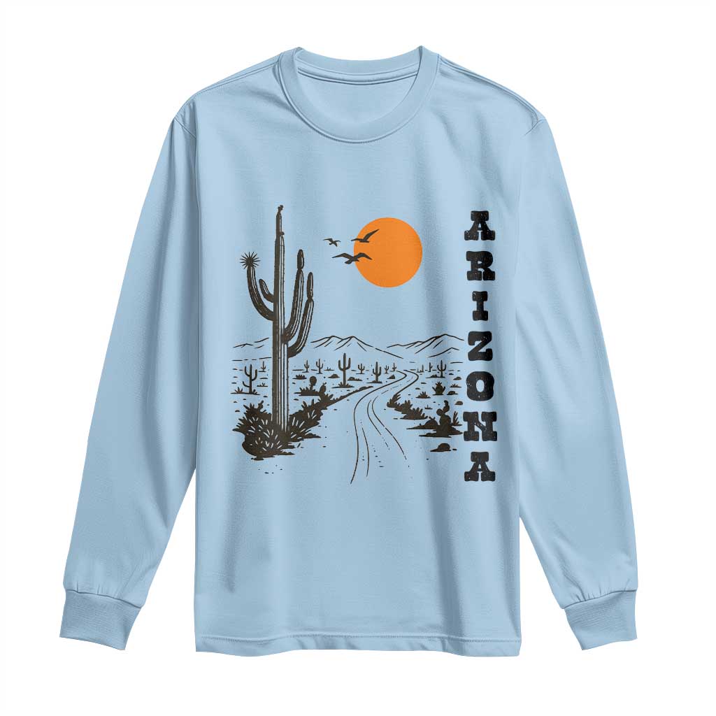 Retro Arizona Desert Road Sunset Graphic Long Sleeve Shirt Vintage Southwest Saguaro Cactus Travel Souvenir