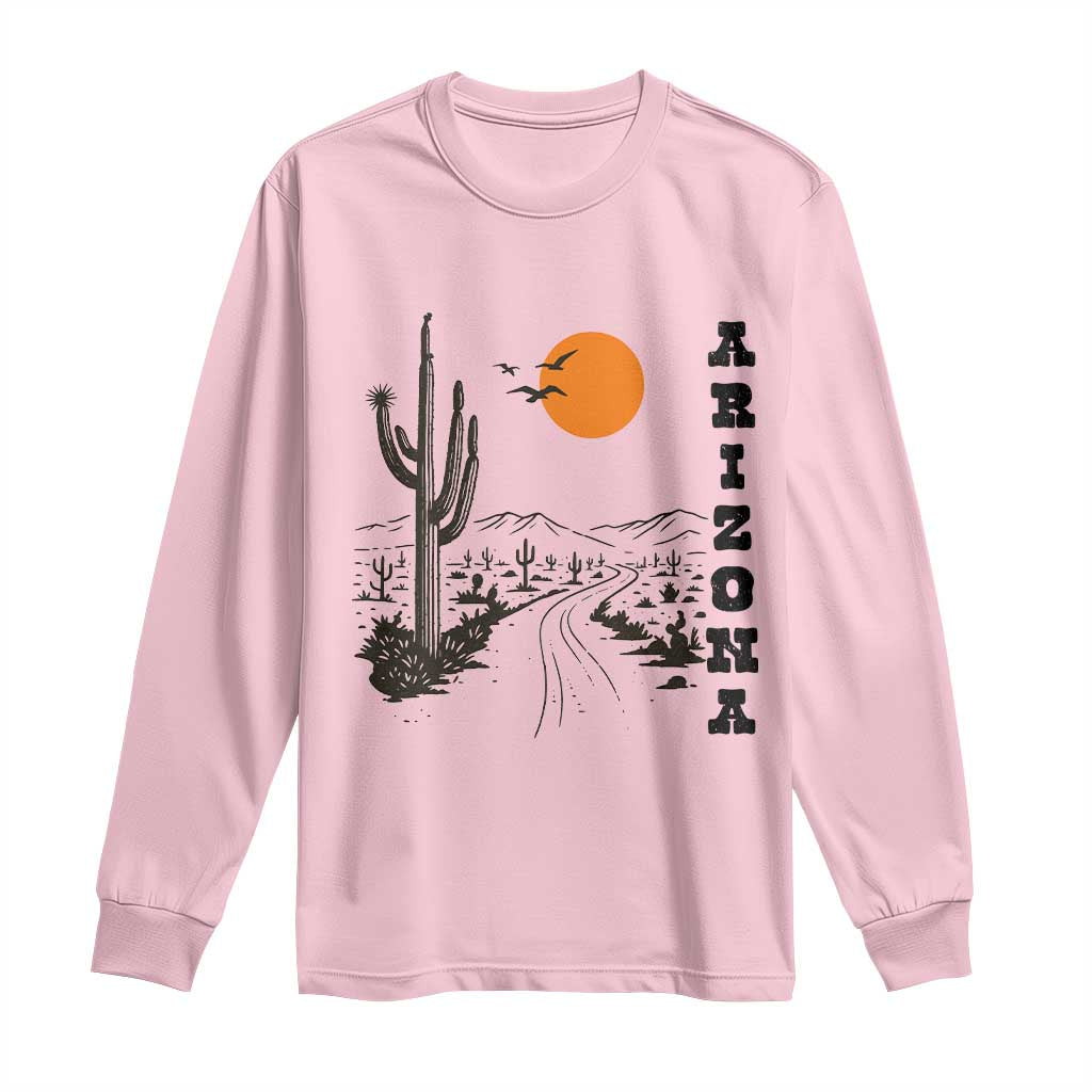 Retro Arizona Desert Road Sunset Graphic Long Sleeve Shirt Vintage Southwest Saguaro Cactus Travel Souvenir