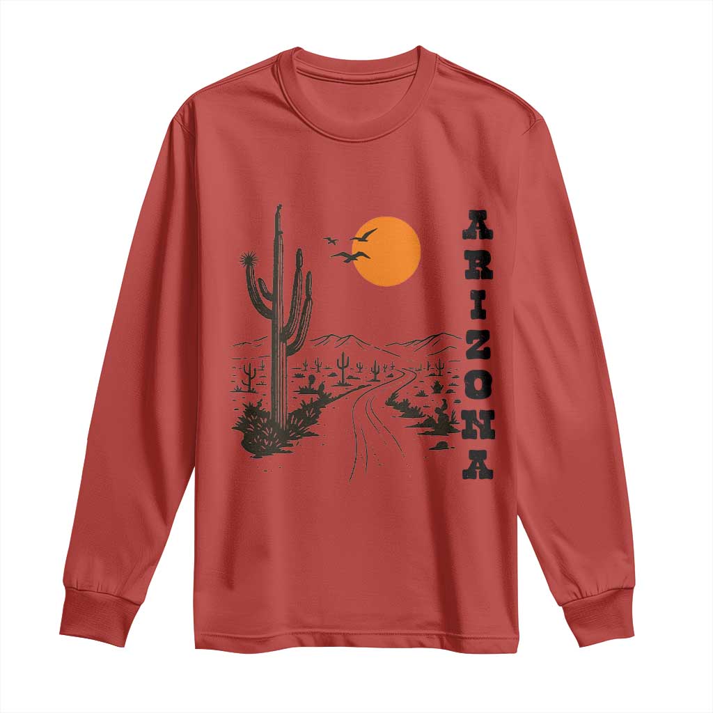 Retro Arizona Desert Road Sunset Graphic Long Sleeve Shirt Vintage Southwest Saguaro Cactus Travel Souvenir