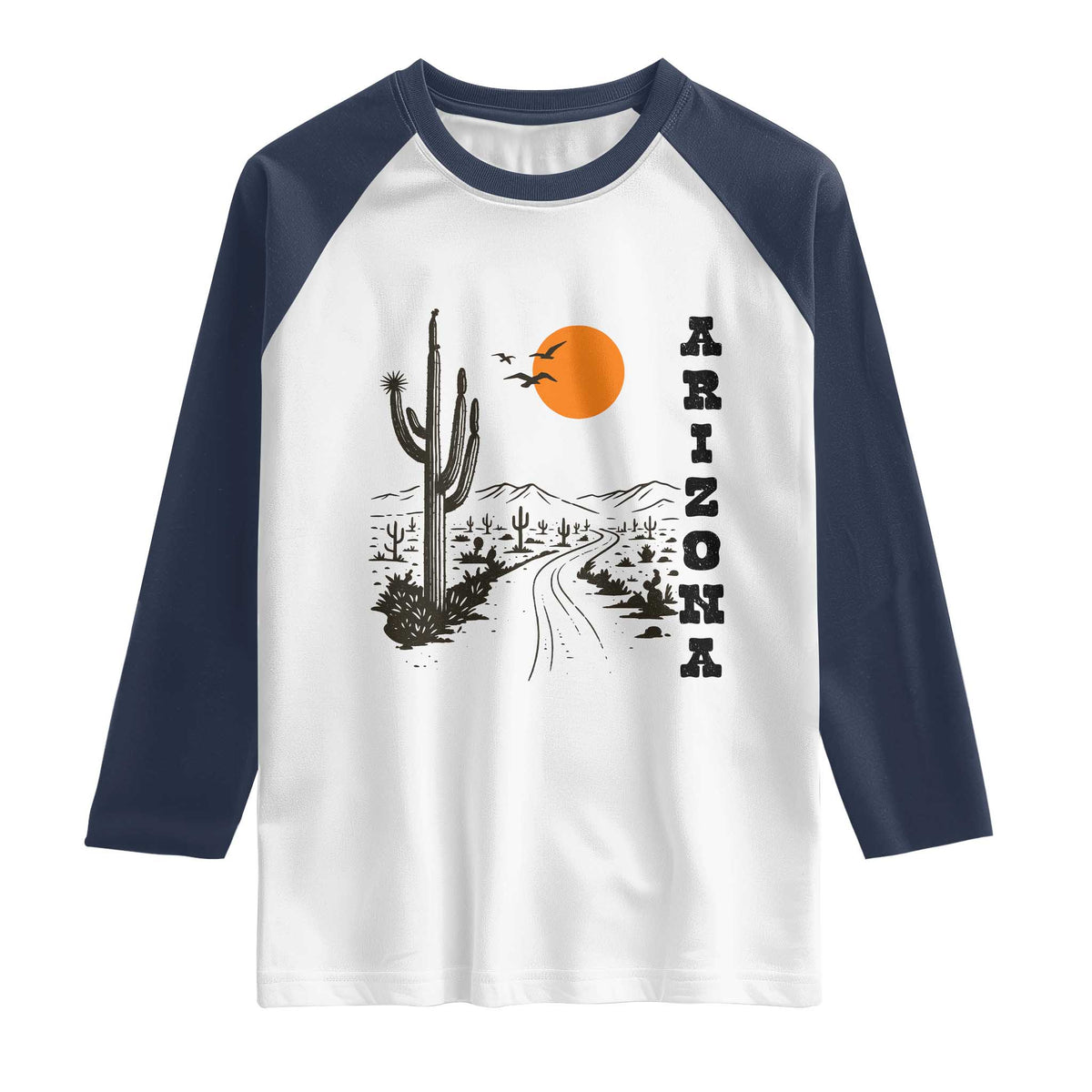 Retro Arizona Desert Road Sunset Graphic Raglan Shirt Vintage Southwest Saguaro Cactus Travel Souvenir