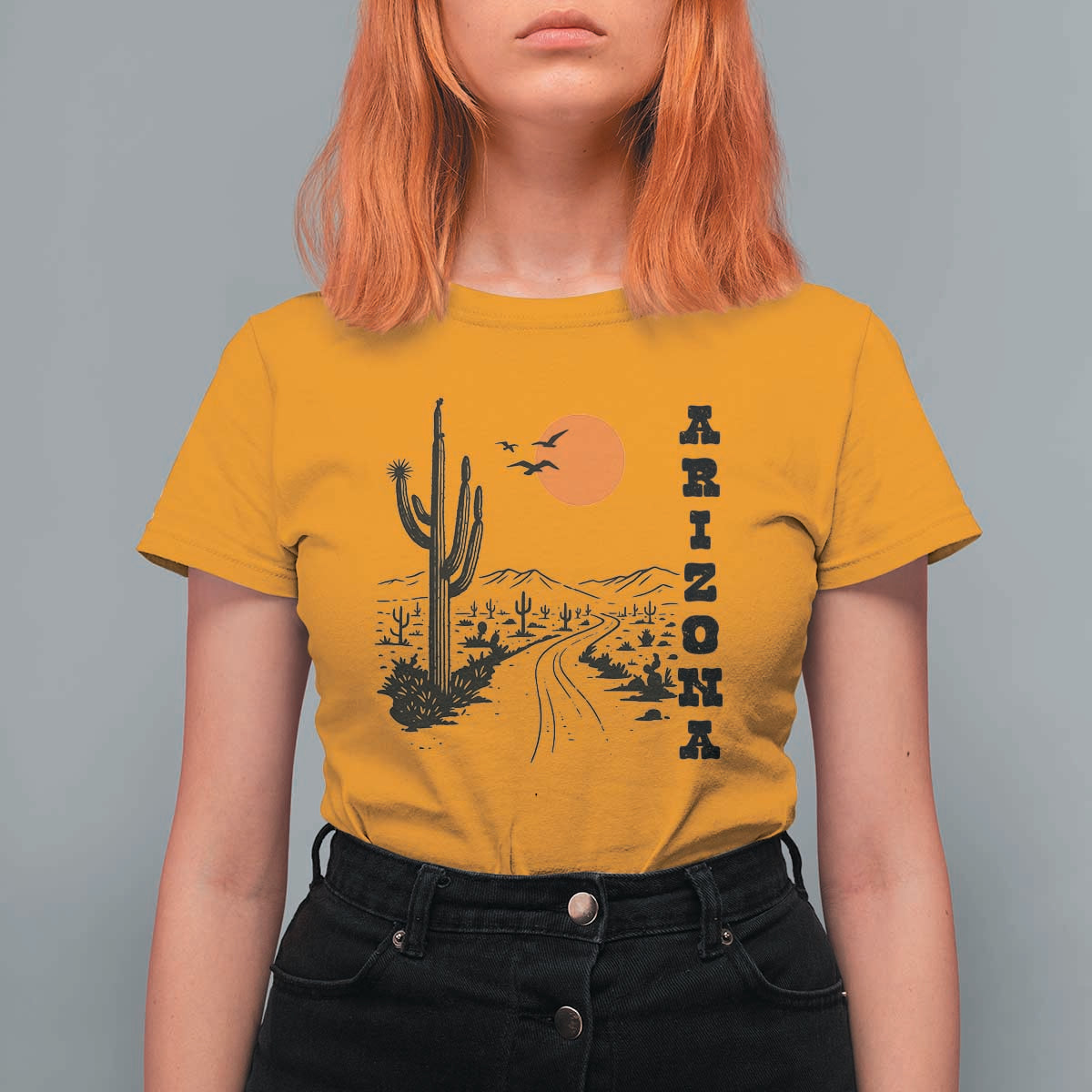 Retro Arizona Desert Road Sunset Graphic T Shirt For Women Vintage Southwest Saguaro Cactus Travel Souvenir