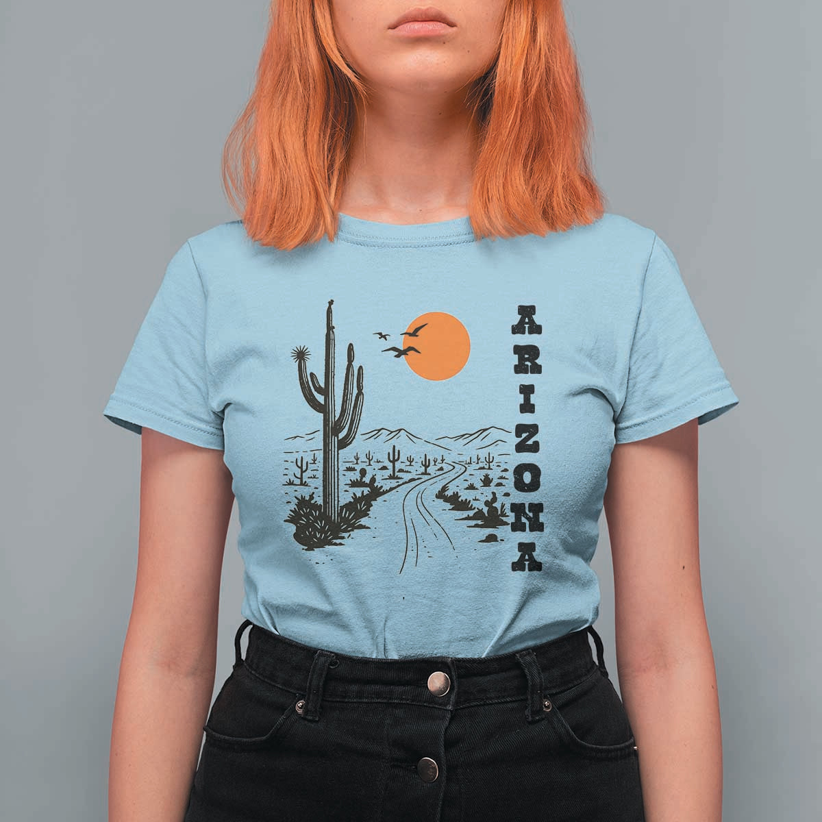 Retro Arizona Desert Road Sunset Graphic T Shirt For Women Vintage Southwest Saguaro Cactus Travel Souvenir