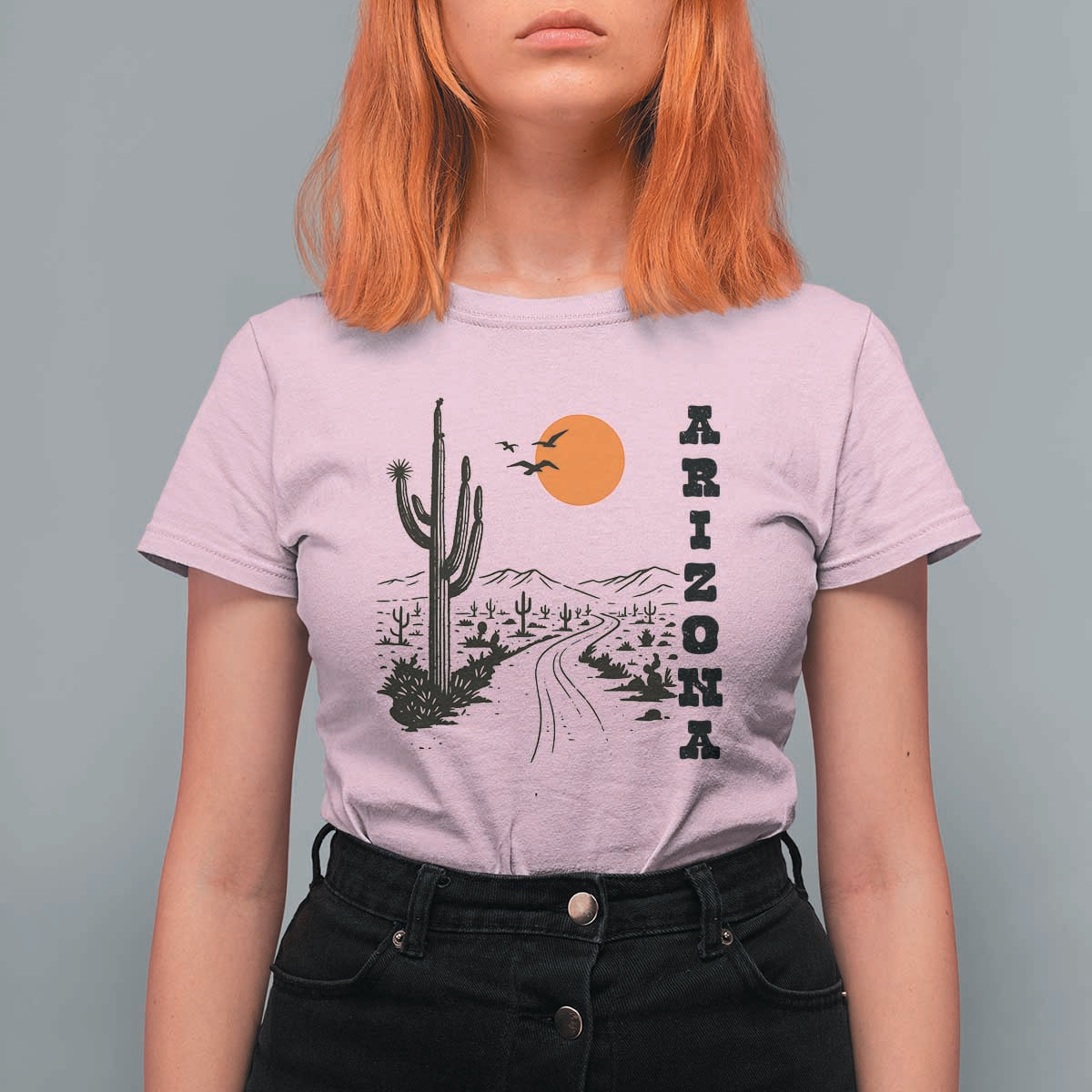 Retro Arizona Desert Road Sunset Graphic T Shirt For Women Vintage Southwest Saguaro Cactus Travel Souvenir