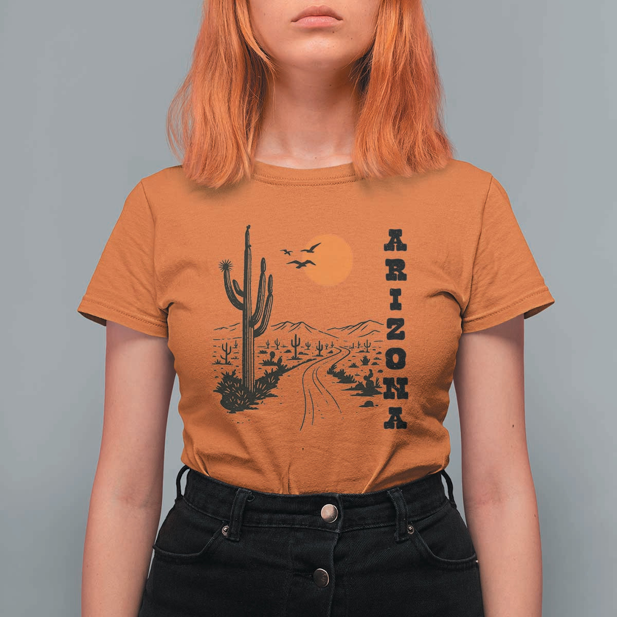 Retro Arizona Desert Road Sunset Graphic T Shirt For Women Vintage Southwest Saguaro Cactus Travel Souvenir
