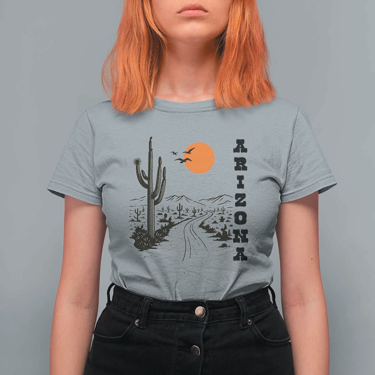 Retro Arizona Desert Road Sunset Graphic T Shirt For Women Vintage Southwest Saguaro Cactus Travel Souvenir