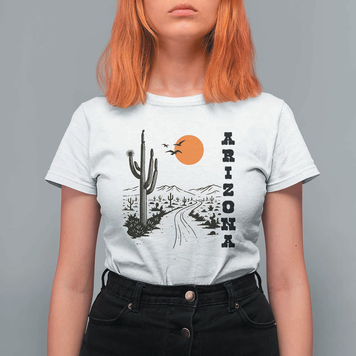 Retro Arizona Desert Road Sunset Graphic T Shirt For Women Vintage Southwest Saguaro Cactus Travel Souvenir
