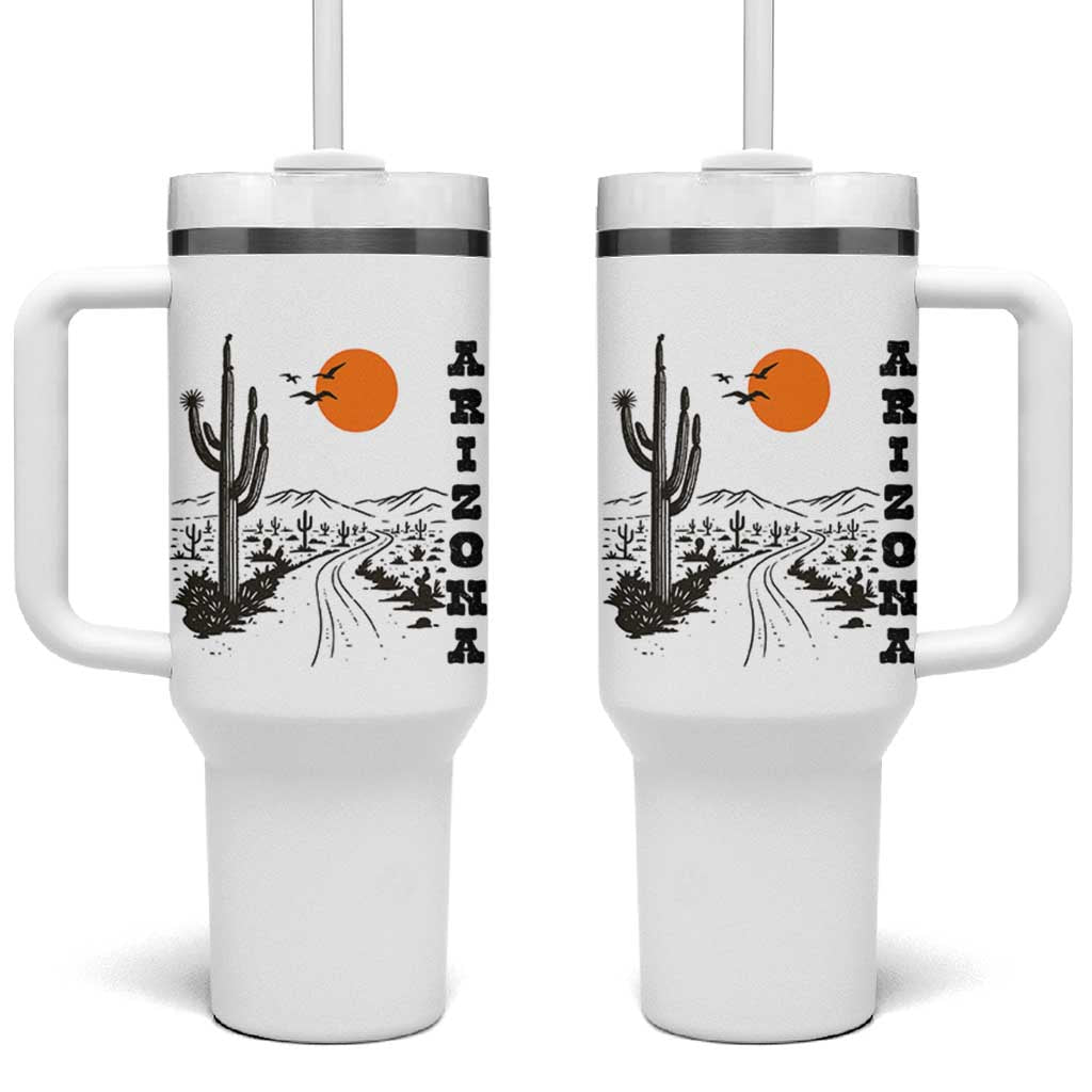 Retro Arizona Desert Road Sunset Graphic Tumbler With Handle Vintage Southwest Saguaro Cactus Travel Souvenir