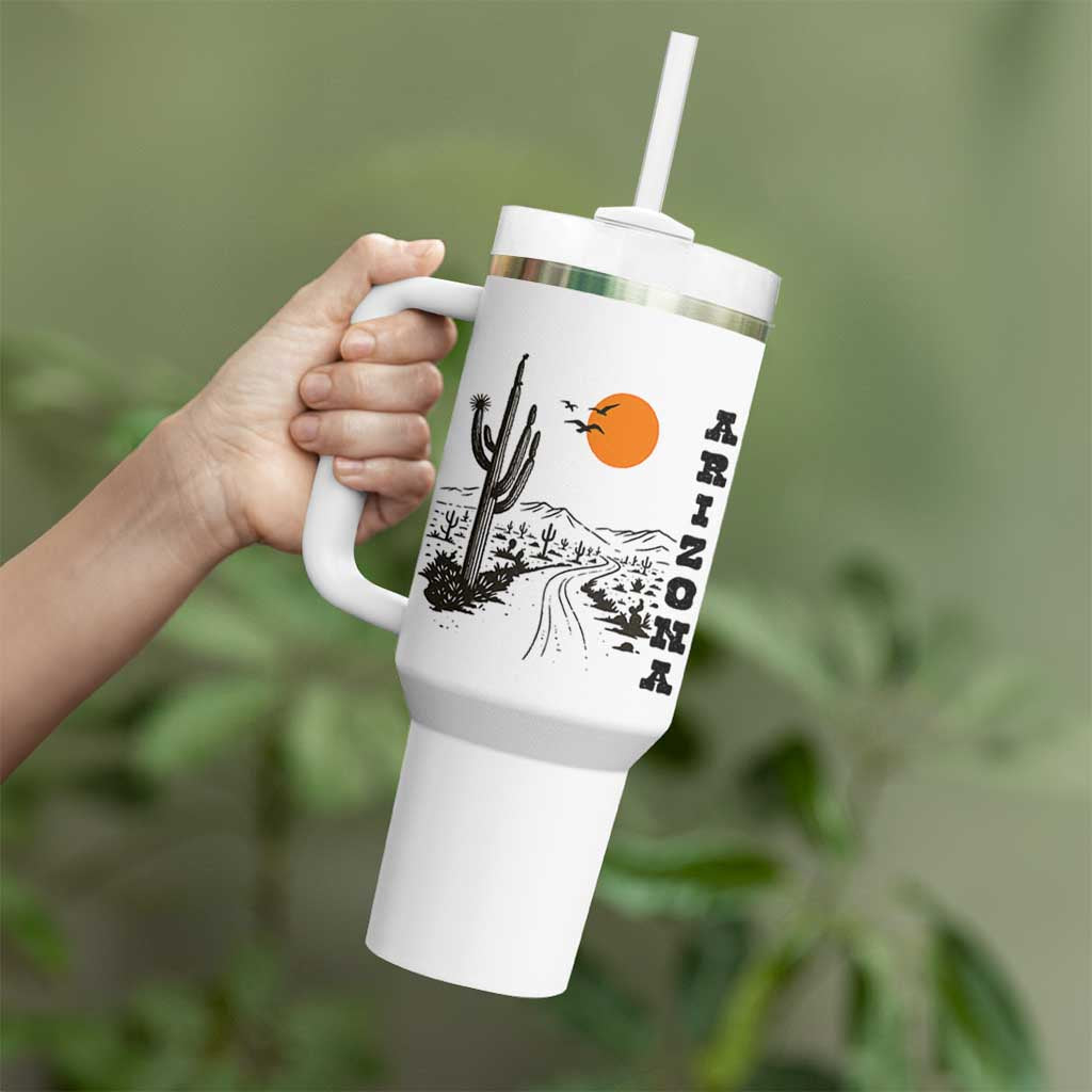 Retro Arizona Desert Road Sunset Graphic Tumbler With Handle Vintage Southwest Saguaro Cactus Travel Souvenir