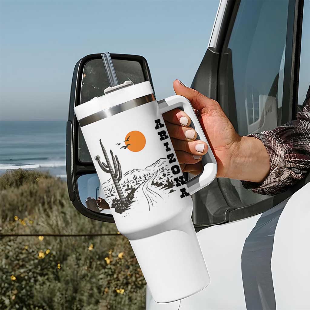 Retro Arizona Desert Road Sunset Graphic Tumbler With Handle Vintage Southwest Saguaro Cactus Travel Souvenir