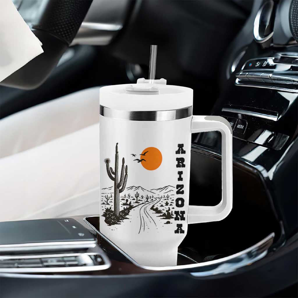 Retro Arizona Desert Road Sunset Graphic Tumbler With Handle Vintage Southwest Saguaro Cactus Travel Souvenir