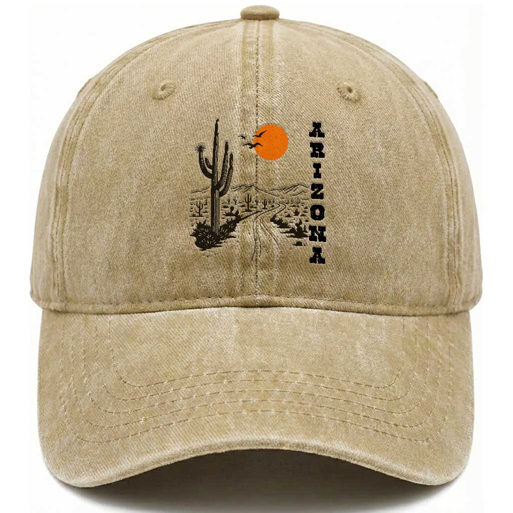 Retro Arizona Desert Road Sunset Graphic Washed Cotton Baseball Cap Vintage Southwest Saguaro Cactus Travel Souvenir