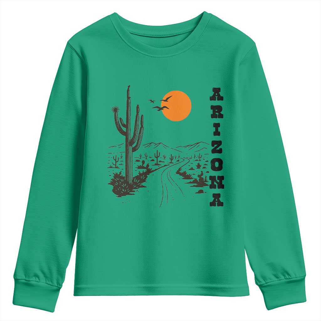 Retro Arizona Desert Road Sunset Graphic Youth Sweatshirt Vintage Southwest Saguaro Cactus Travel Souvenir