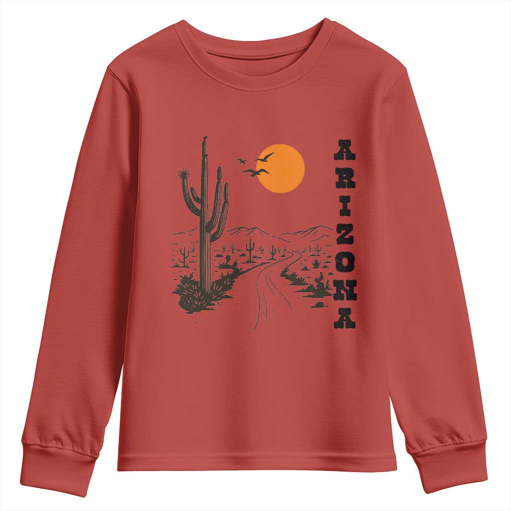 Retro Arizona Desert Road Sunset Graphic Youth Sweatshirt Vintage Southwest Saguaro Cactus Travel Souvenir