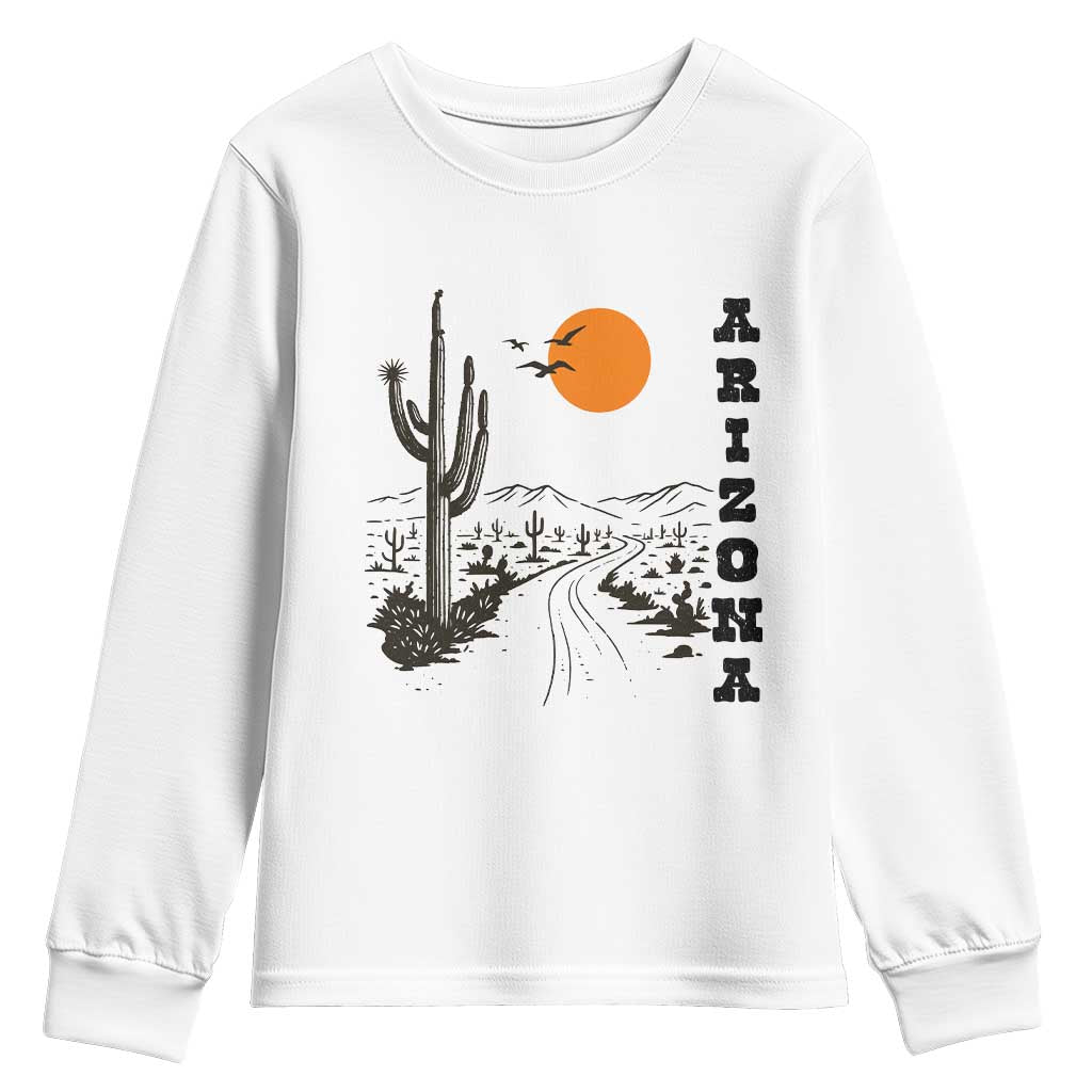 Retro Arizona Desert Road Sunset Graphic Youth Sweatshirt Vintage Southwest Saguaro Cactus Travel Souvenir