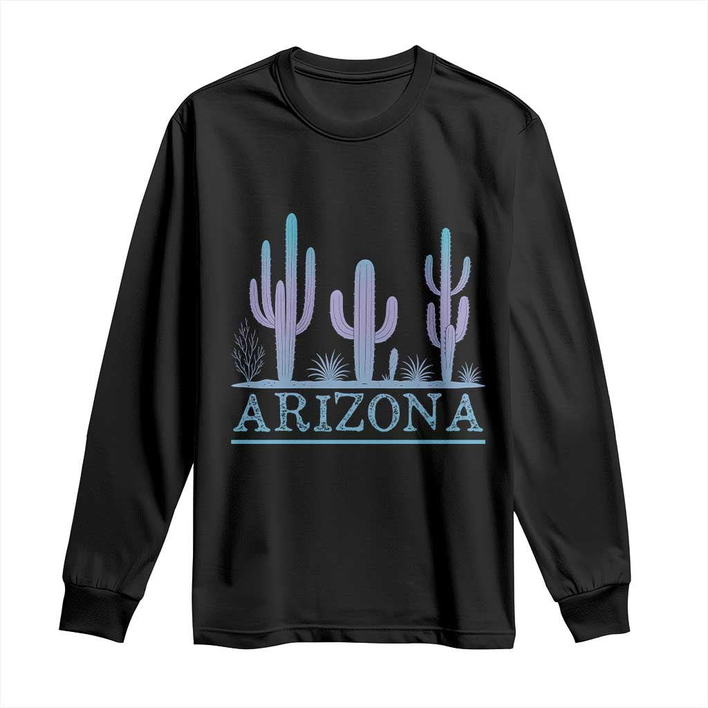 Retro Neon Silhouette Cactus Arizona Graphic Long Sleeve Shirt Modern Southwest Desert Aesthetic Travel Souvenir