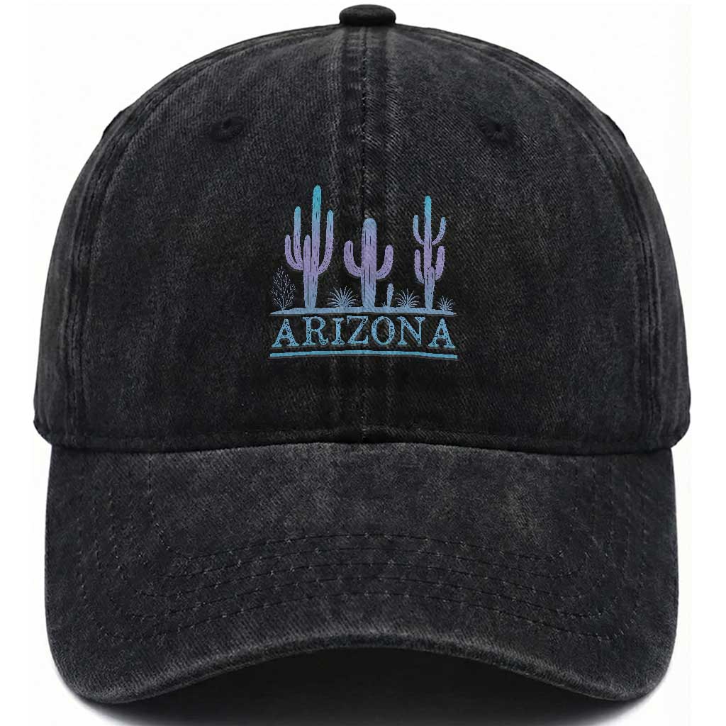 Retro Neon Silhouette Cactus Arizona Graphic Washed Cotton Baseball Cap Modern Southwest Desert Aesthetic Travel Souvenir