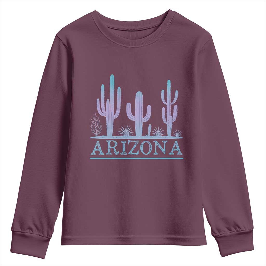 Retro Neon Silhouette Cactus Arizona Graphic Youth Sweatshirt Modern Southwest Desert Aesthetic Travel Souvenir