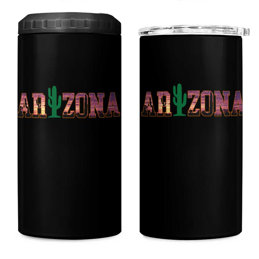 Scenic Arizona Sunset Landscape Graphic 4 in 1 Can Cooler Tumbler Southwest Saguaro Cactus Letters Travel Souvenir