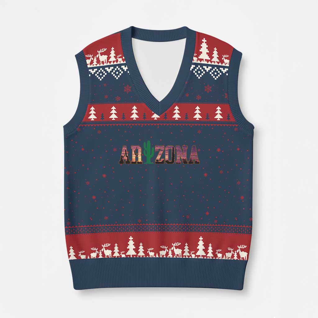 Scenic Arizona Sunset Landscape Graphic V-Neck Knit Sweater Vest Southwest Saguaro Cactus Letters Travel Souvenir