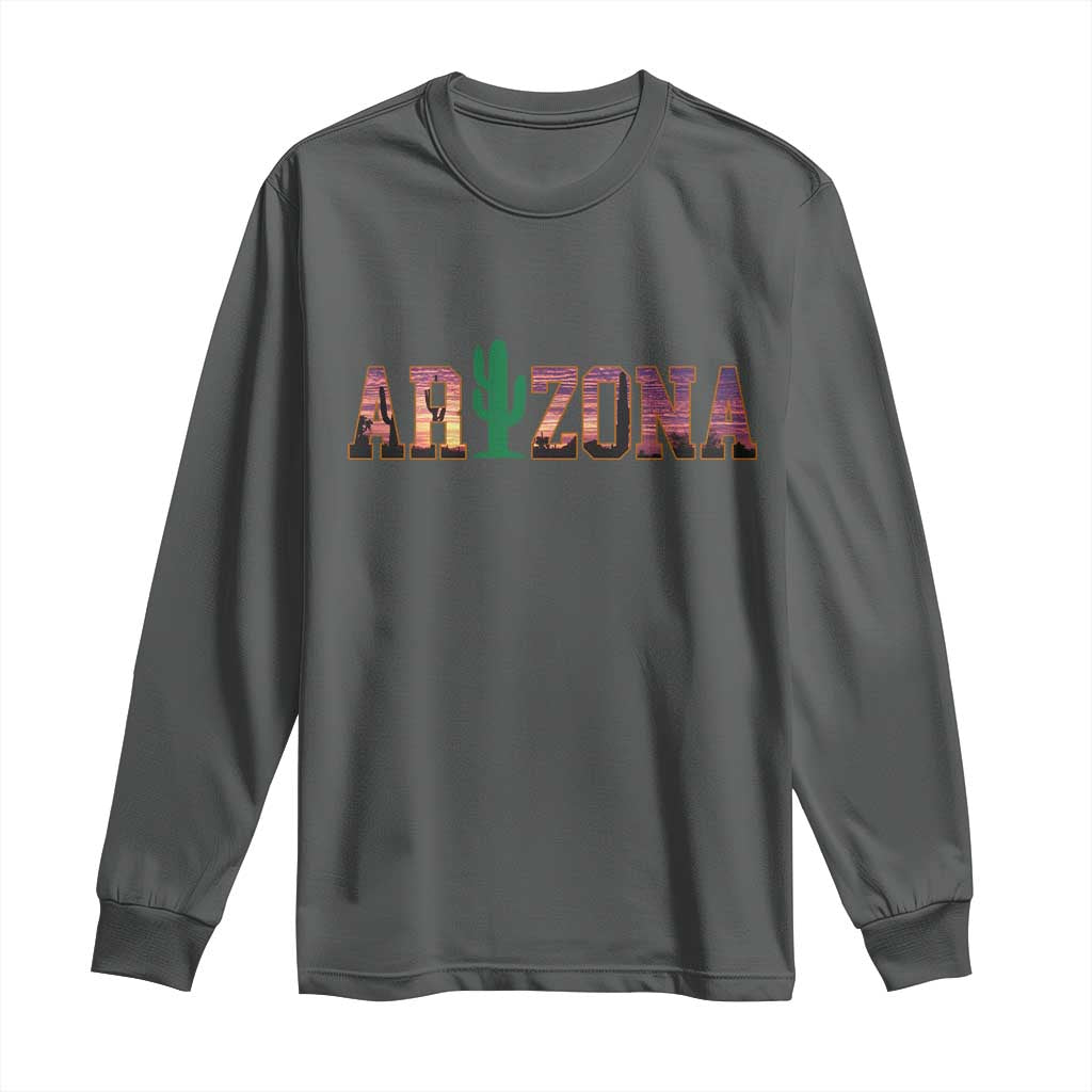 Scenic Arizona Sunset Landscape Graphic Long Sleeve Shirt Southwest Saguaro Cactus Letters Travel Souvenir