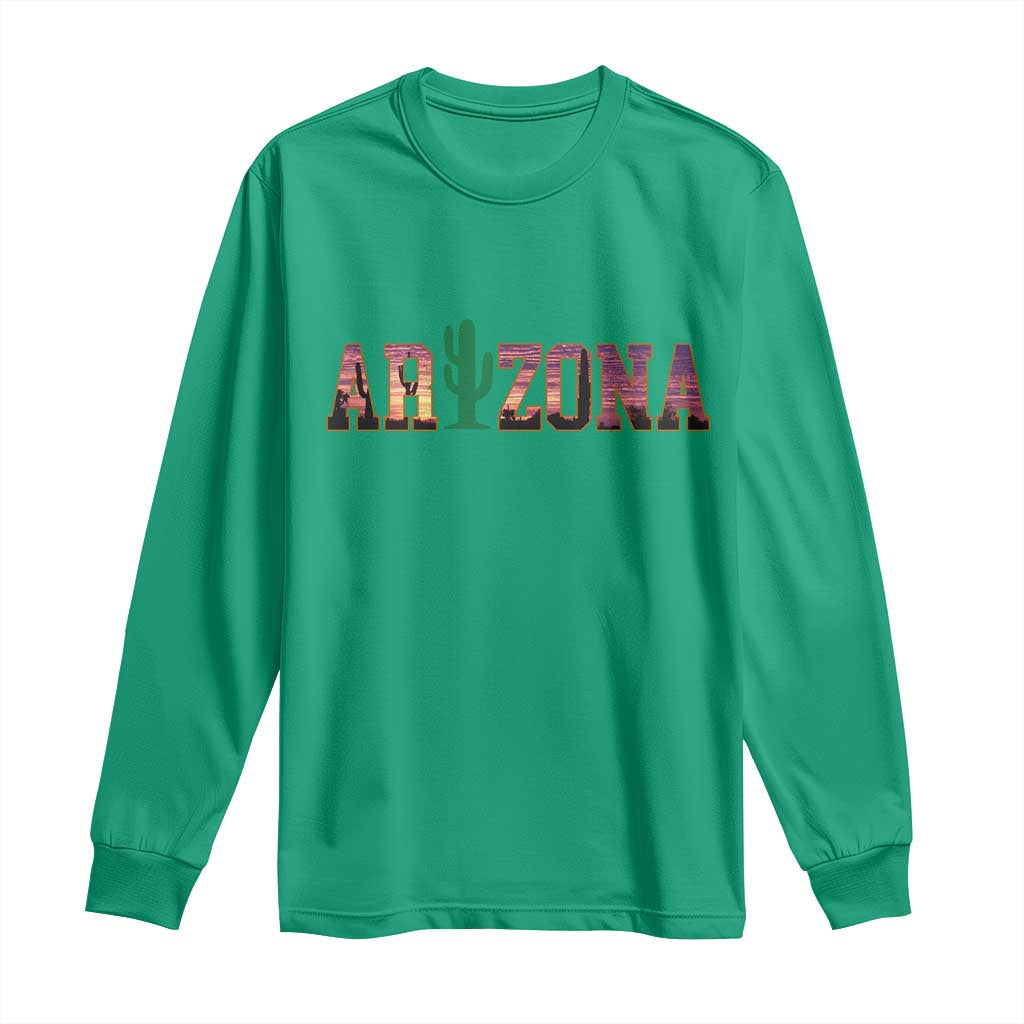 Scenic Arizona Sunset Landscape Graphic Long Sleeve Shirt Southwest Saguaro Cactus Letters Travel Souvenir