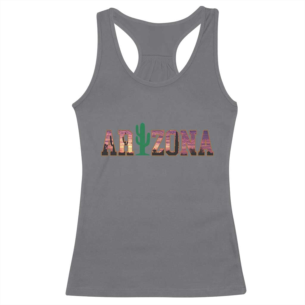 Scenic Arizona Sunset Landscape Graphic Racerback Tank Top Southwest Saguaro Cactus Letters Travel Souvenir