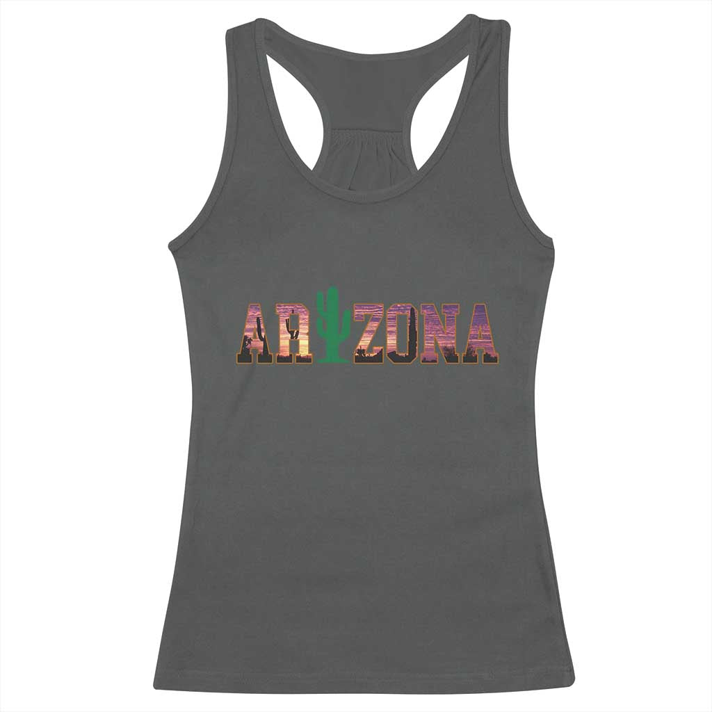 Scenic Arizona Sunset Landscape Graphic Racerback Tank Top Southwest Saguaro Cactus Letters Travel Souvenir