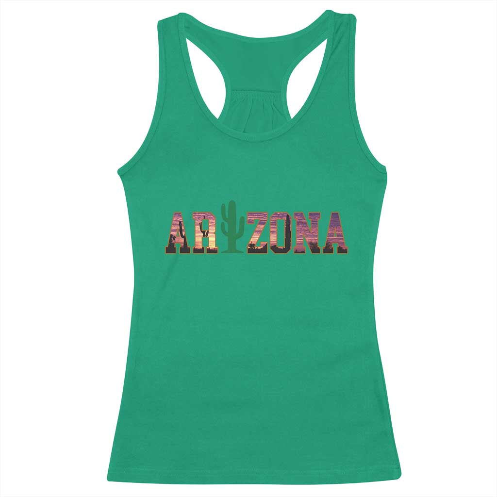 Scenic Arizona Sunset Landscape Graphic Racerback Tank Top Southwest Saguaro Cactus Letters Travel Souvenir