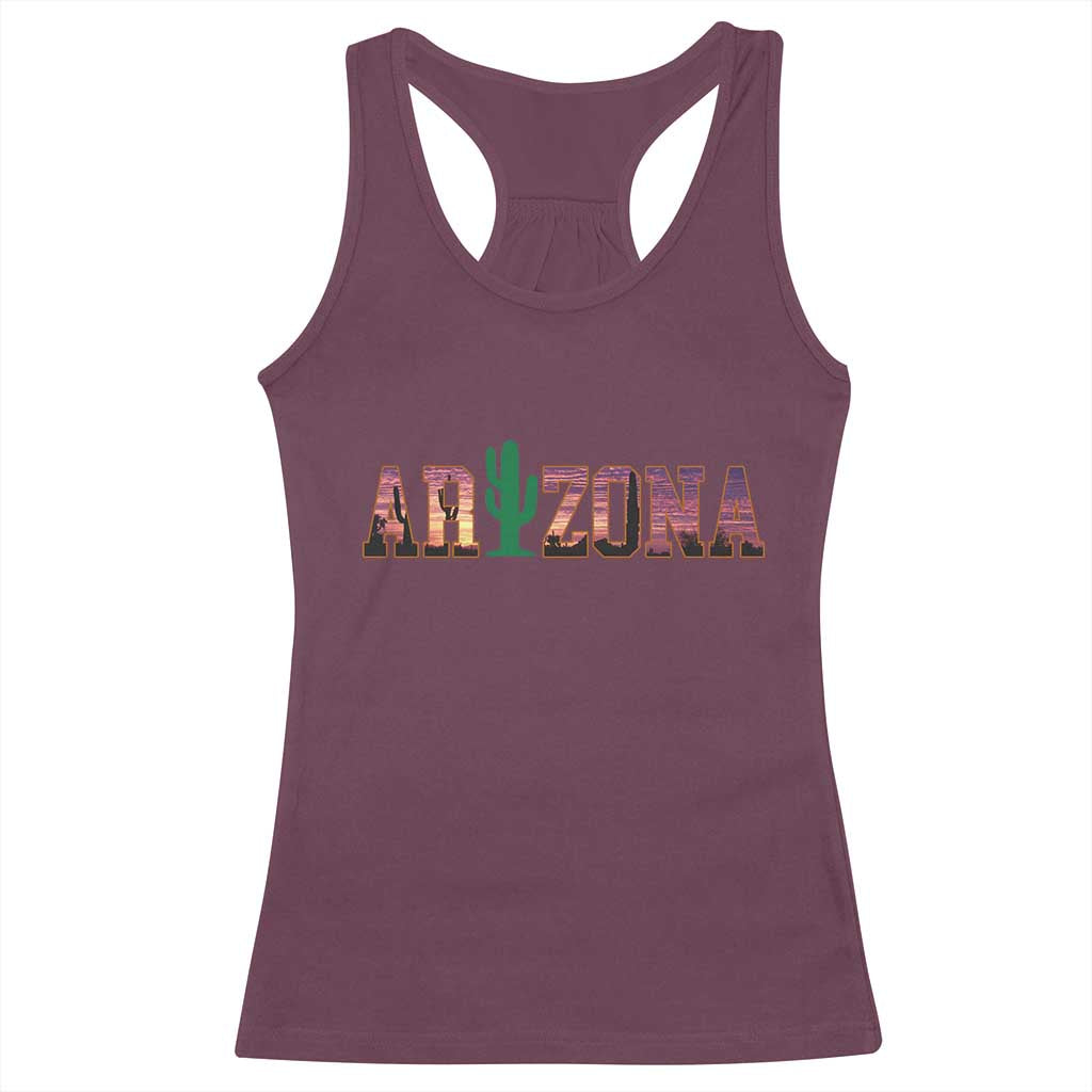 Scenic Arizona Sunset Landscape Graphic Racerback Tank Top Southwest Saguaro Cactus Letters Travel Souvenir