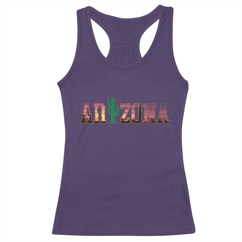 Scenic Arizona Sunset Landscape Graphic Racerback Tank Top Southwest Saguaro Cactus Letters Travel Souvenir