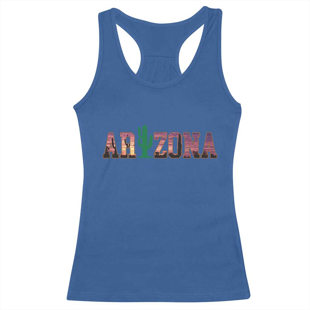 Scenic Arizona Sunset Landscape Graphic Racerback Tank Top Southwest Saguaro Cactus Letters Travel Souvenir