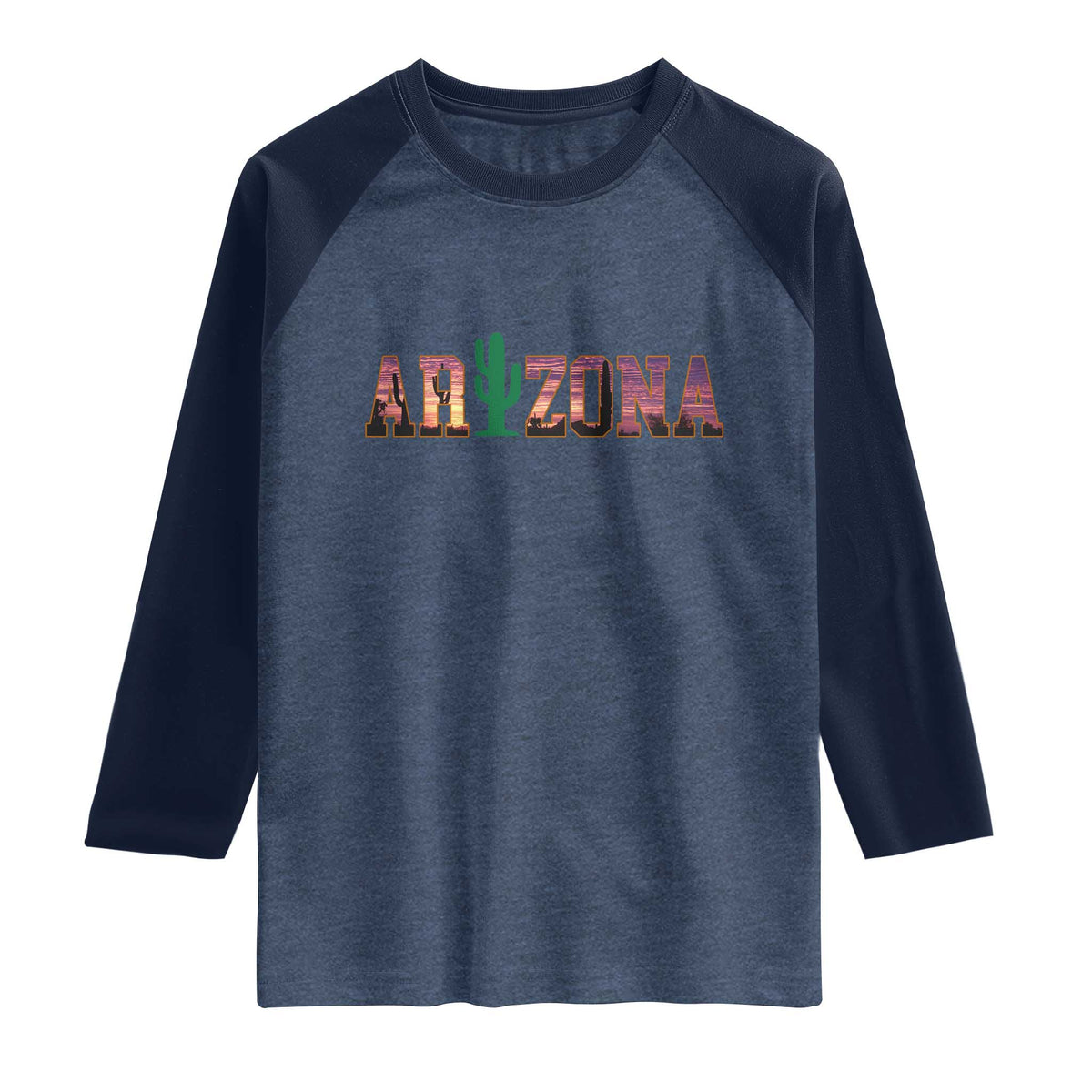 Scenic Arizona Sunset Landscape Graphic Raglan Shirt Southwest Saguaro Cactus Letters Travel Souvenir