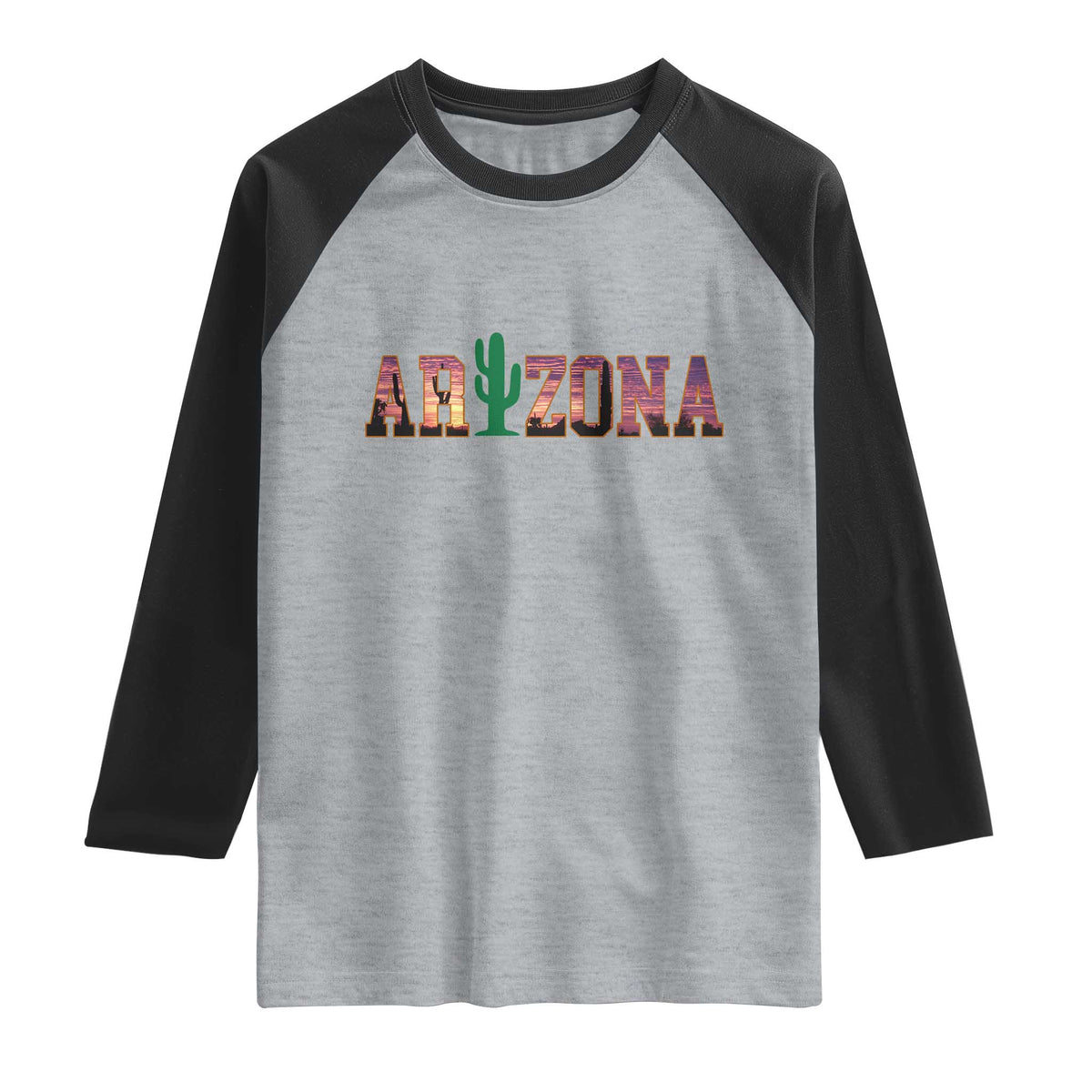 Scenic Arizona Sunset Landscape Graphic Raglan Shirt Southwest Saguaro Cactus Letters Travel Souvenir