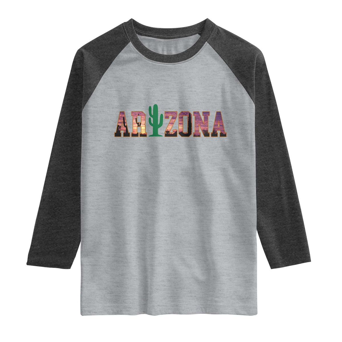 Scenic Arizona Sunset Landscape Graphic Raglan Shirt Southwest Saguaro Cactus Letters Travel Souvenir