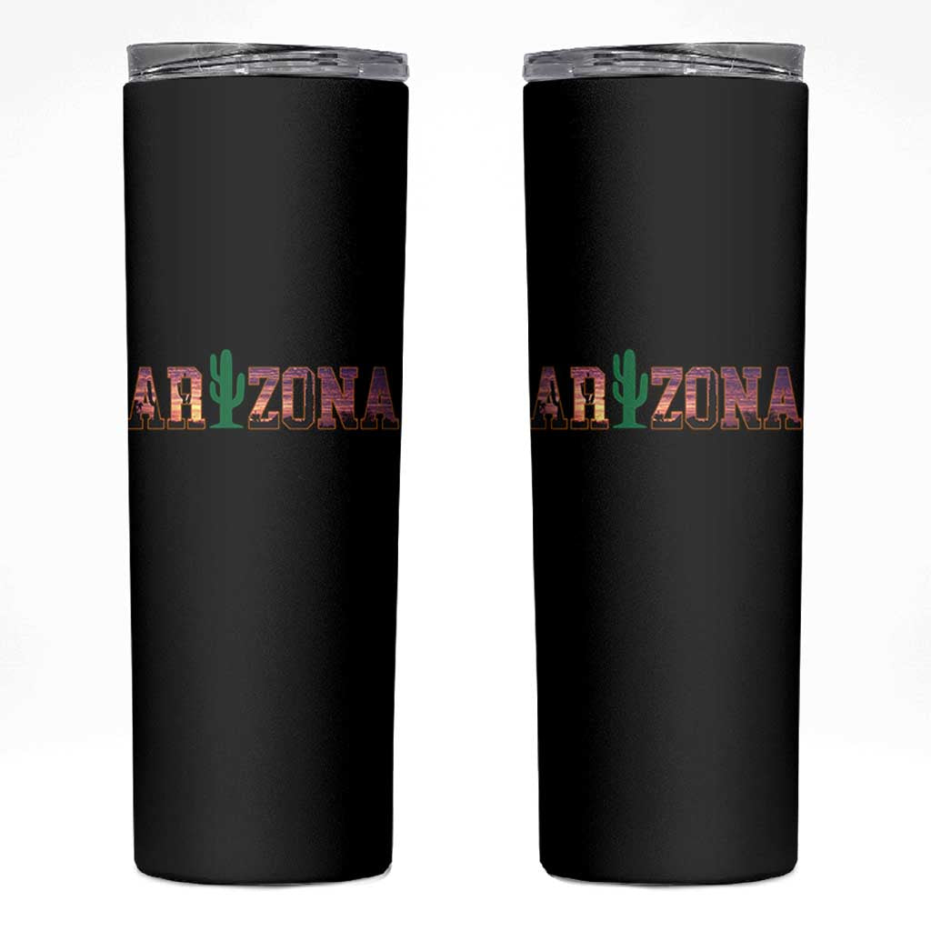 Scenic Arizona Sunset Landscape Graphic Skinny Tumbler Southwest Saguaro Cactus Letters Travel Souvenir